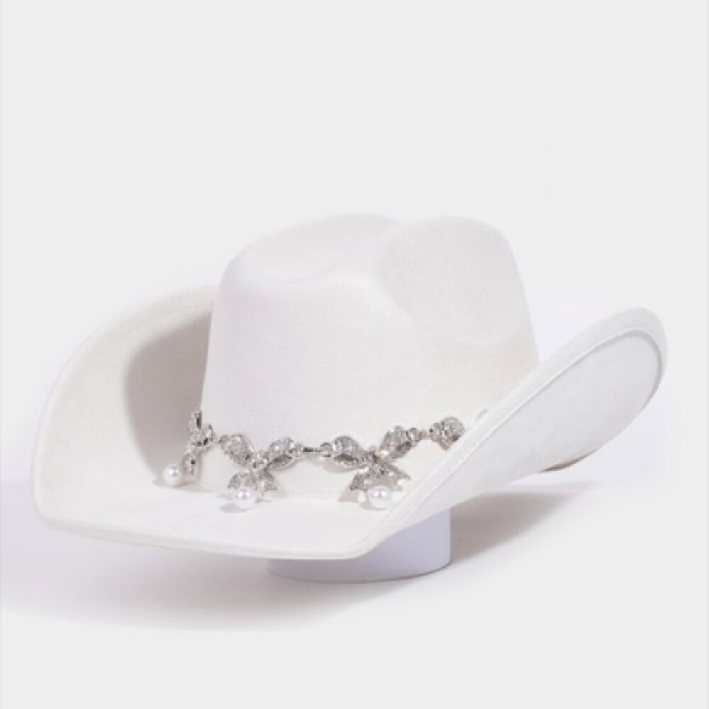 Pave Ribbon Bow And Pearl Charms Western Cowboy Hat